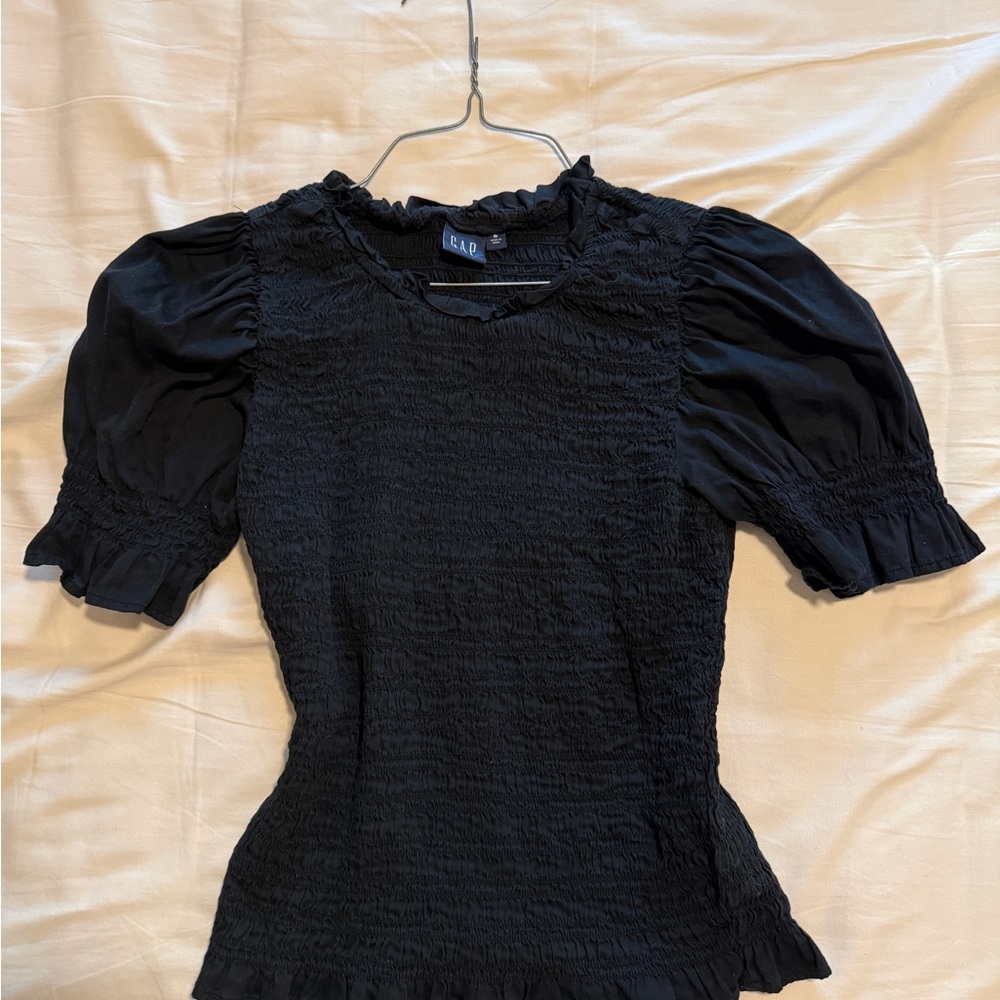 GAP Black Textured Puff Sleeve Blouse